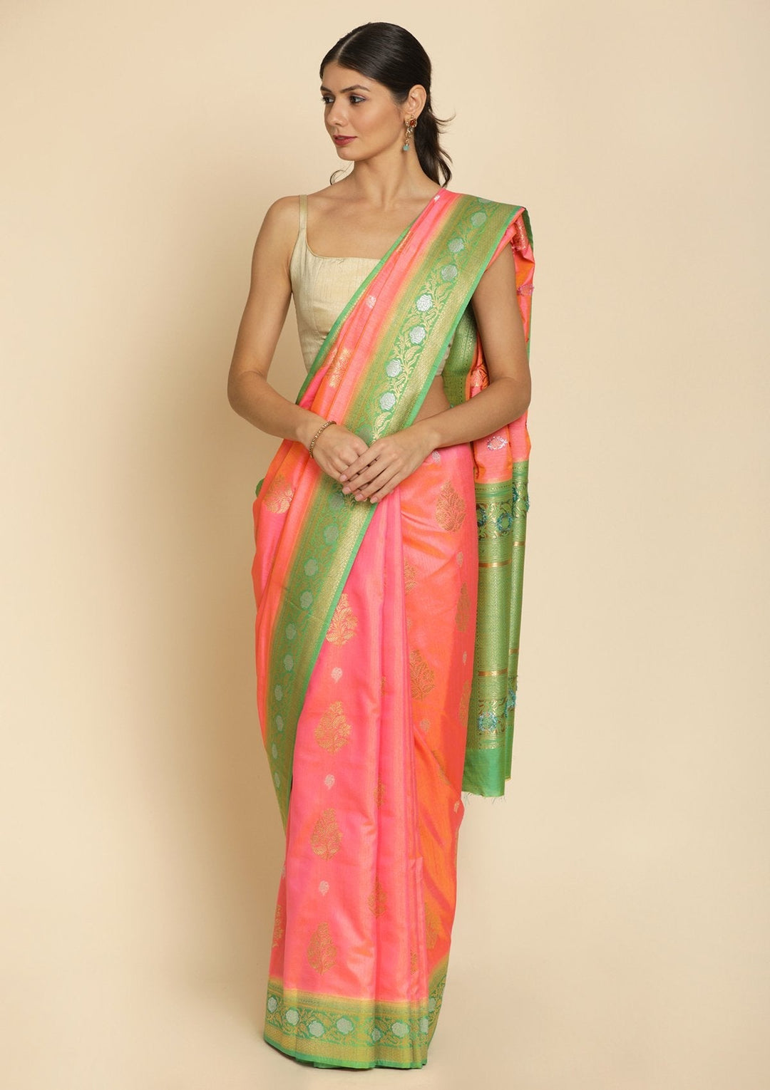 Peach Zariwork Raw Silk Designer Saree - koskii