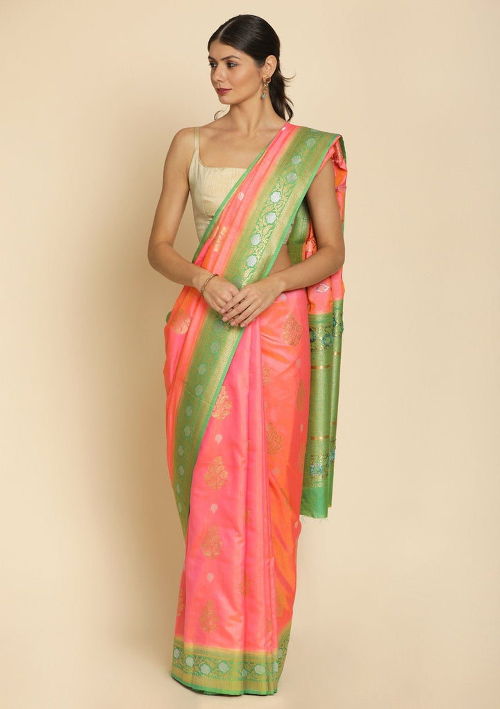 Peach Zariwork Raw Silk Designer Saree - koskii