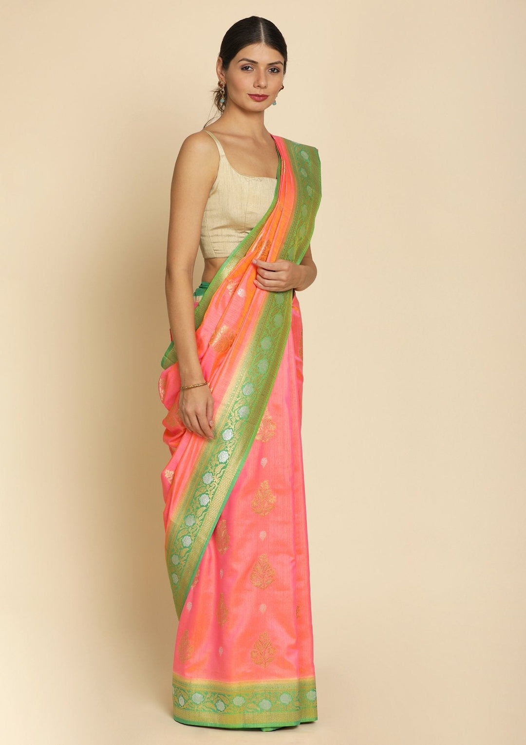Peach Zariwork Raw Silk Designer Saree - koskii