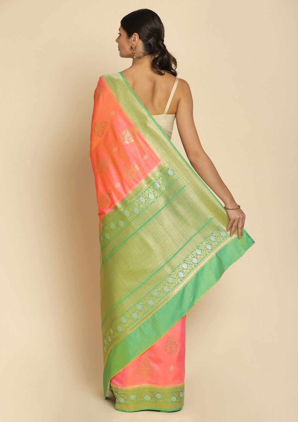 Peach Zariwork Raw Silk Designer Saree - koskii
