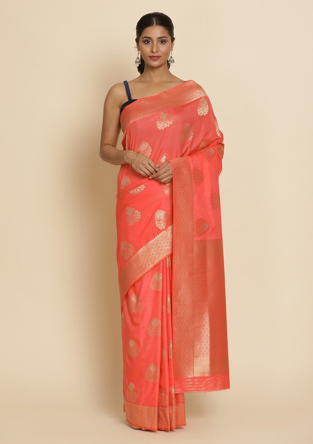 Peach Zariwork Raw Silk Designer Saree - koskii