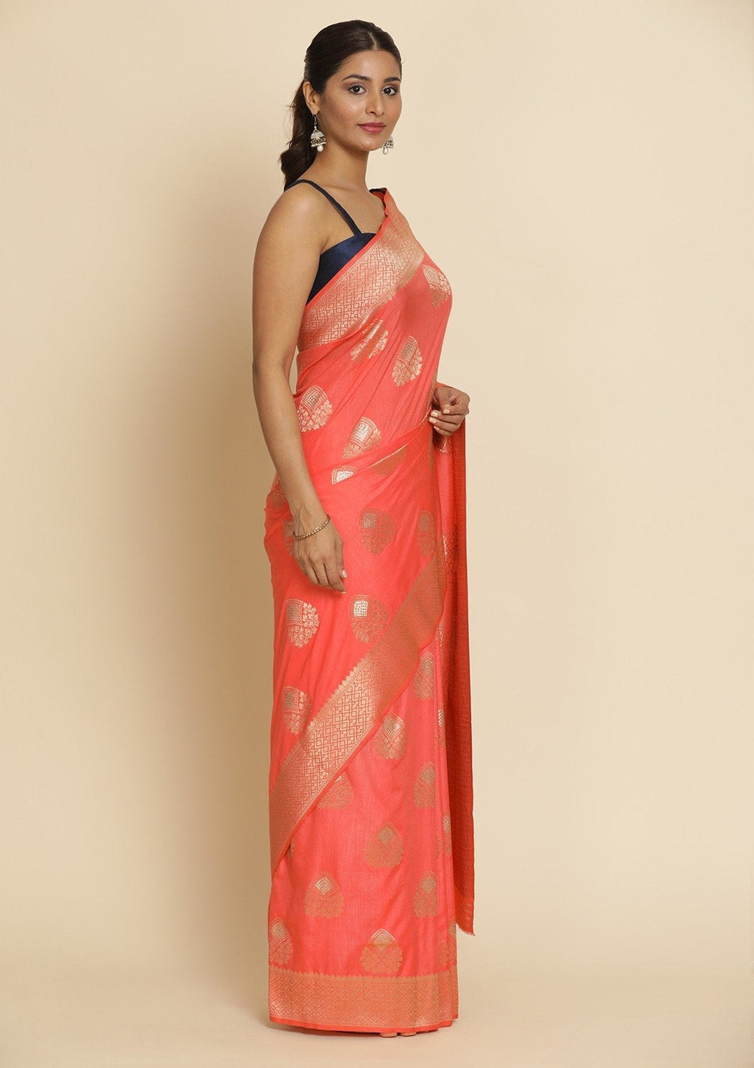 Peach Zariwork Raw Silk Designer Saree - koskii