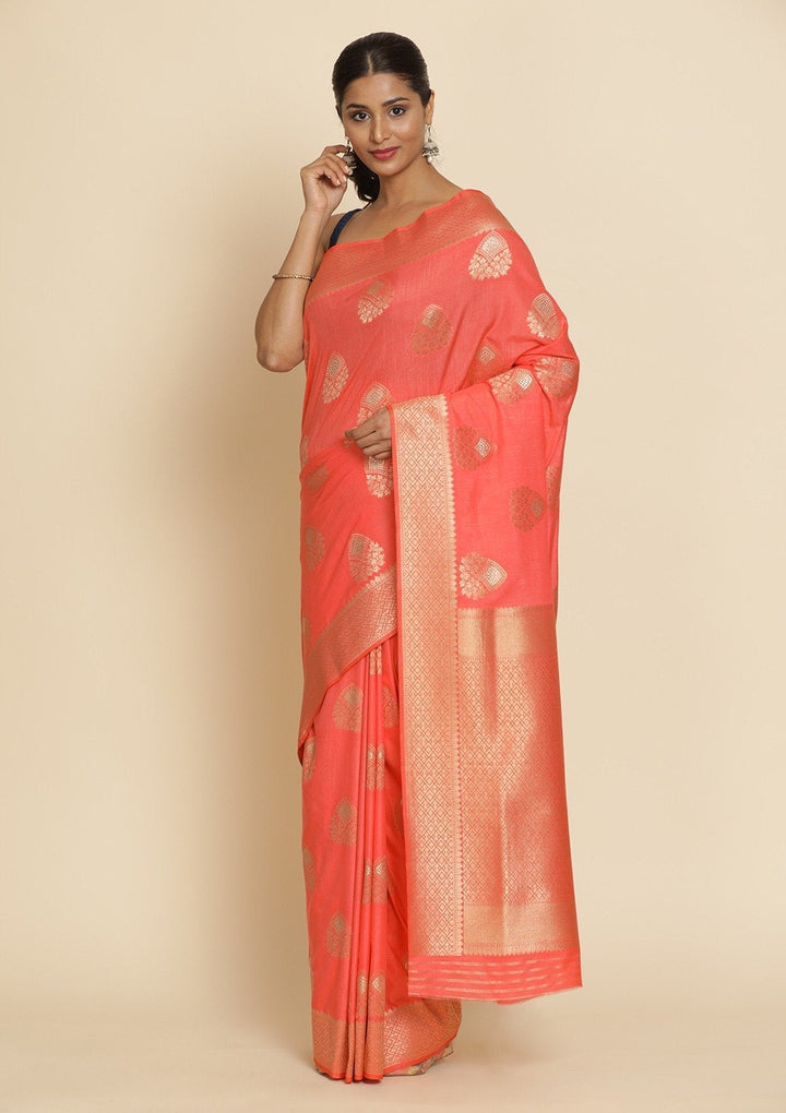 Peach Zariwork Raw Silk Designer Saree - koskii