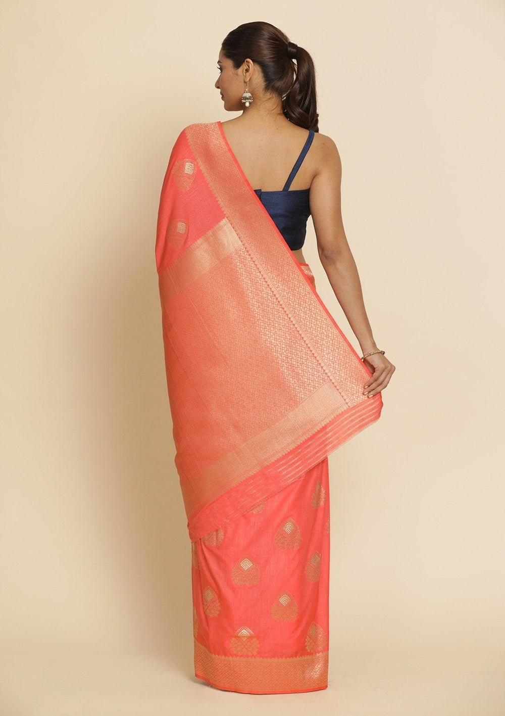 Peach Zariwork Raw Silk Designer Saree - koskii