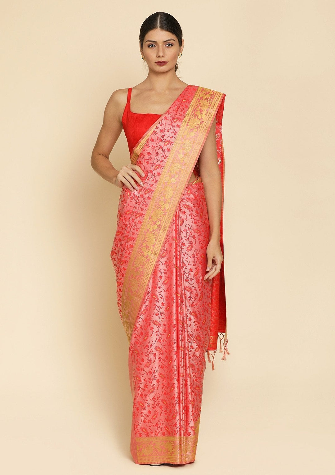 Peach Zariwork Satin Designer Saree - koskii