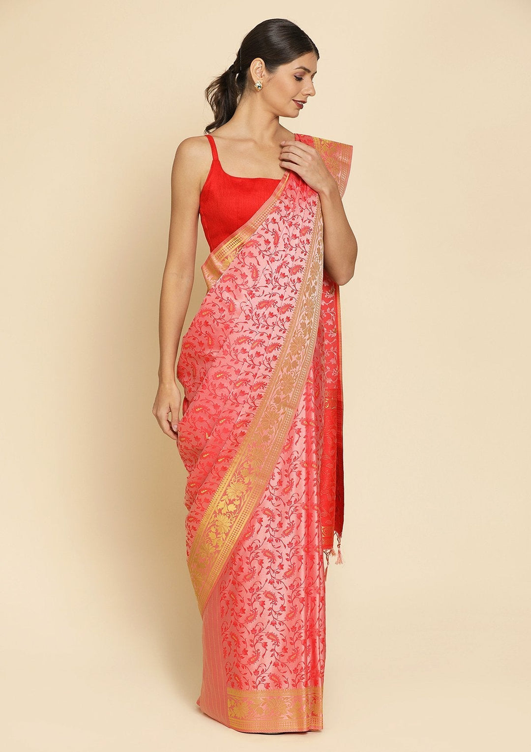 Peach Zariwork Satin Designer Saree - koskii
