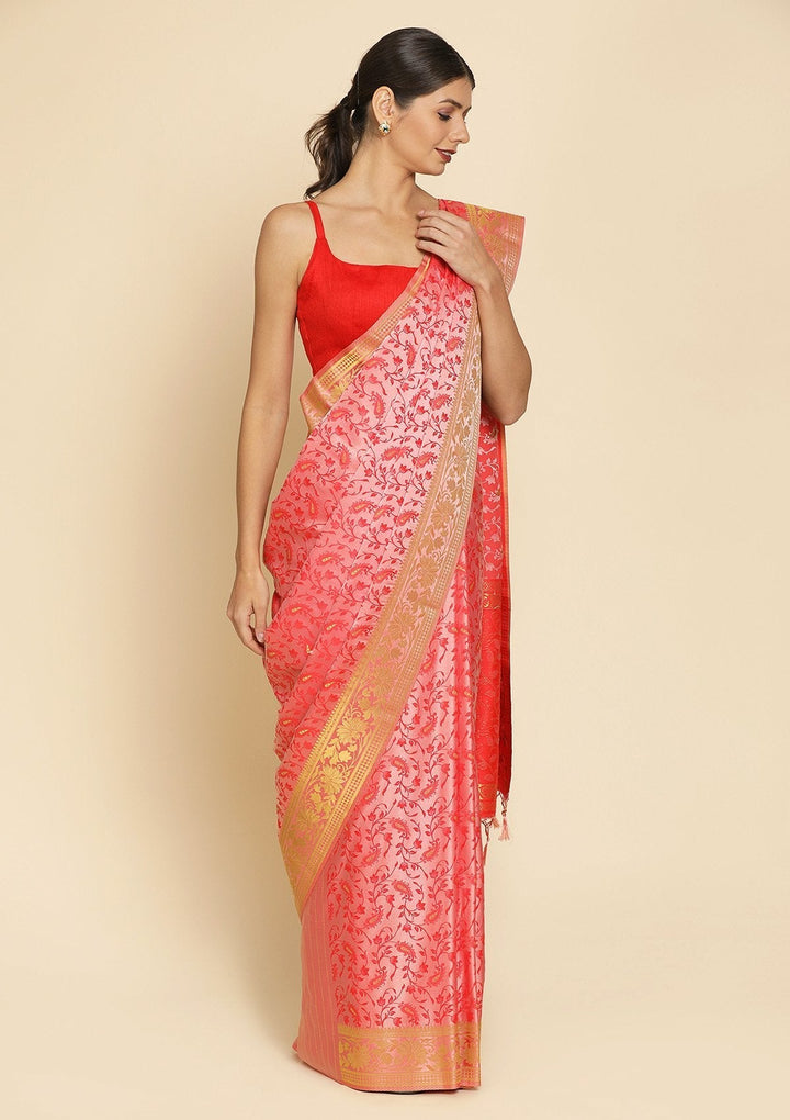 Peach Zariwork Satin Designer Saree - koskii