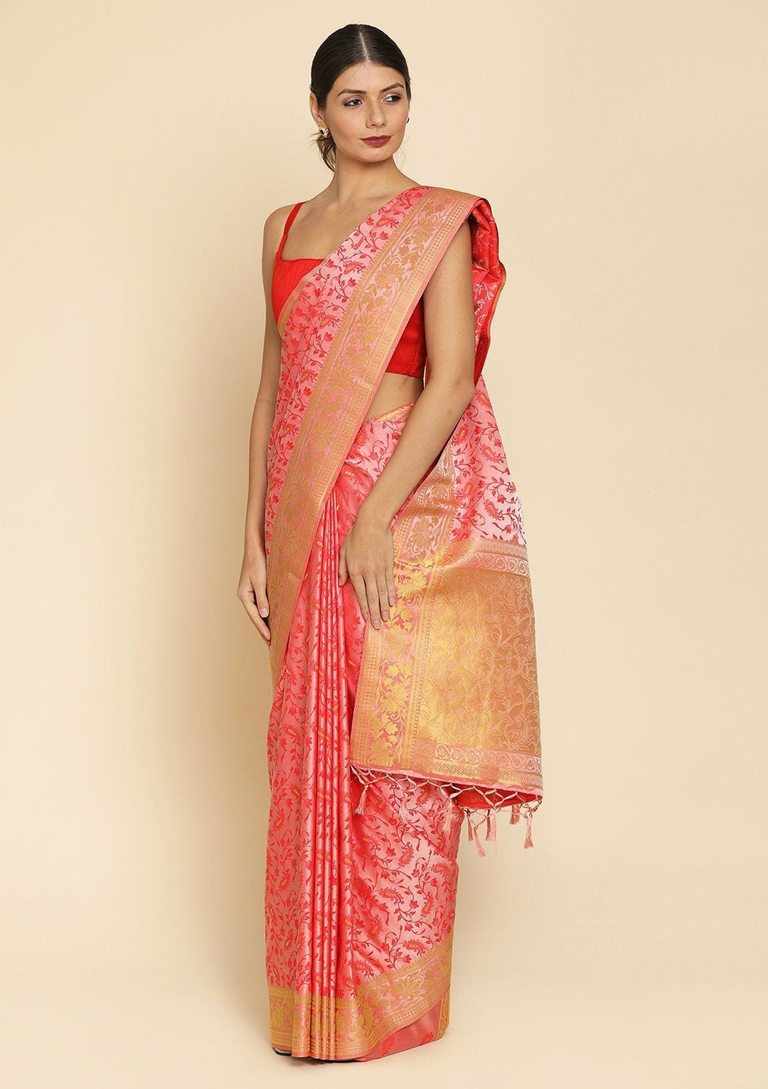 Peach Zariwork Satin Designer Saree - koskii