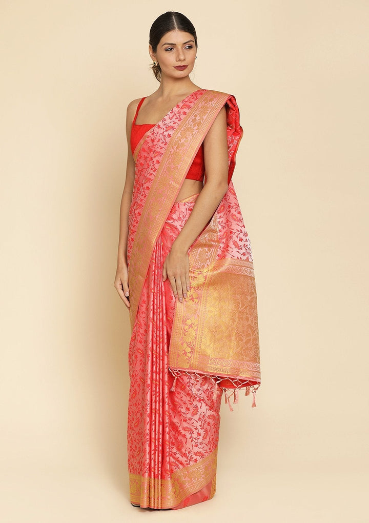 Peach Zariwork Satin Designer Saree - koskii
