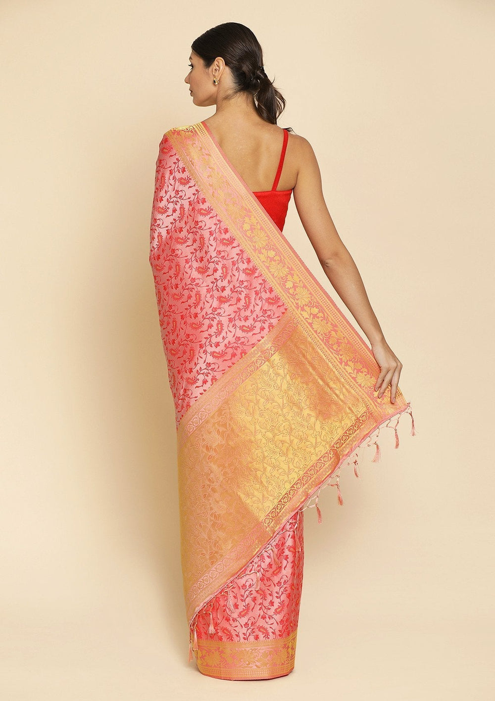 Peach Zariwork Satin Designer Saree - koskii