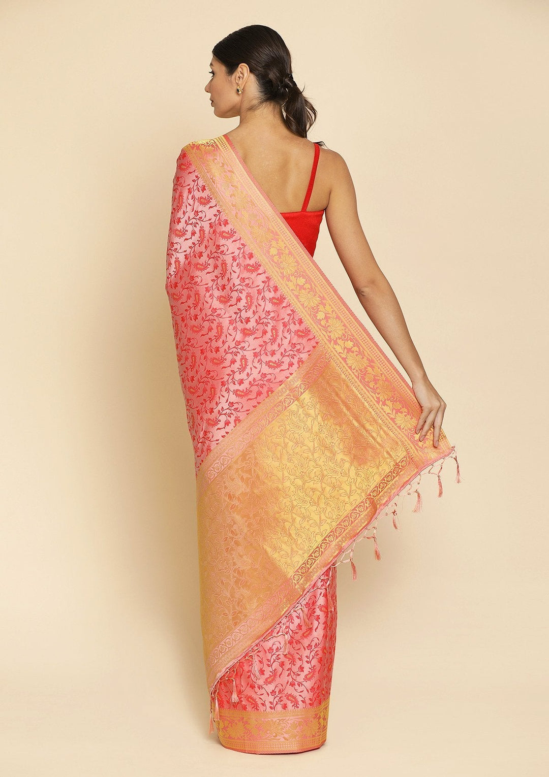 Peach Zariwork Satin Designer Saree - koskii
