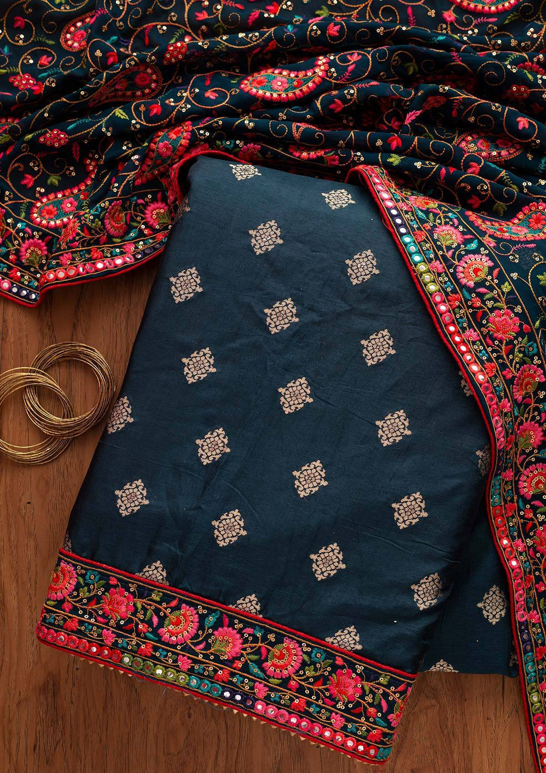 Peacock Blue Chikankari Semi Crepe Designer Unstitched Salwar Suit - koskii