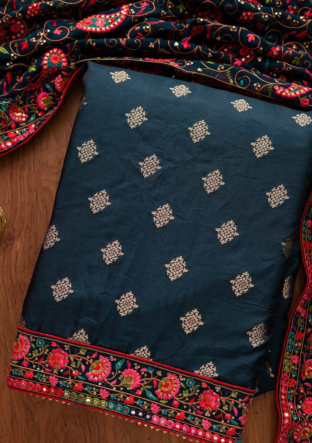 Peacock Blue Chikankari Semi Crepe Designer Unstitched Salwar Suit - koskii