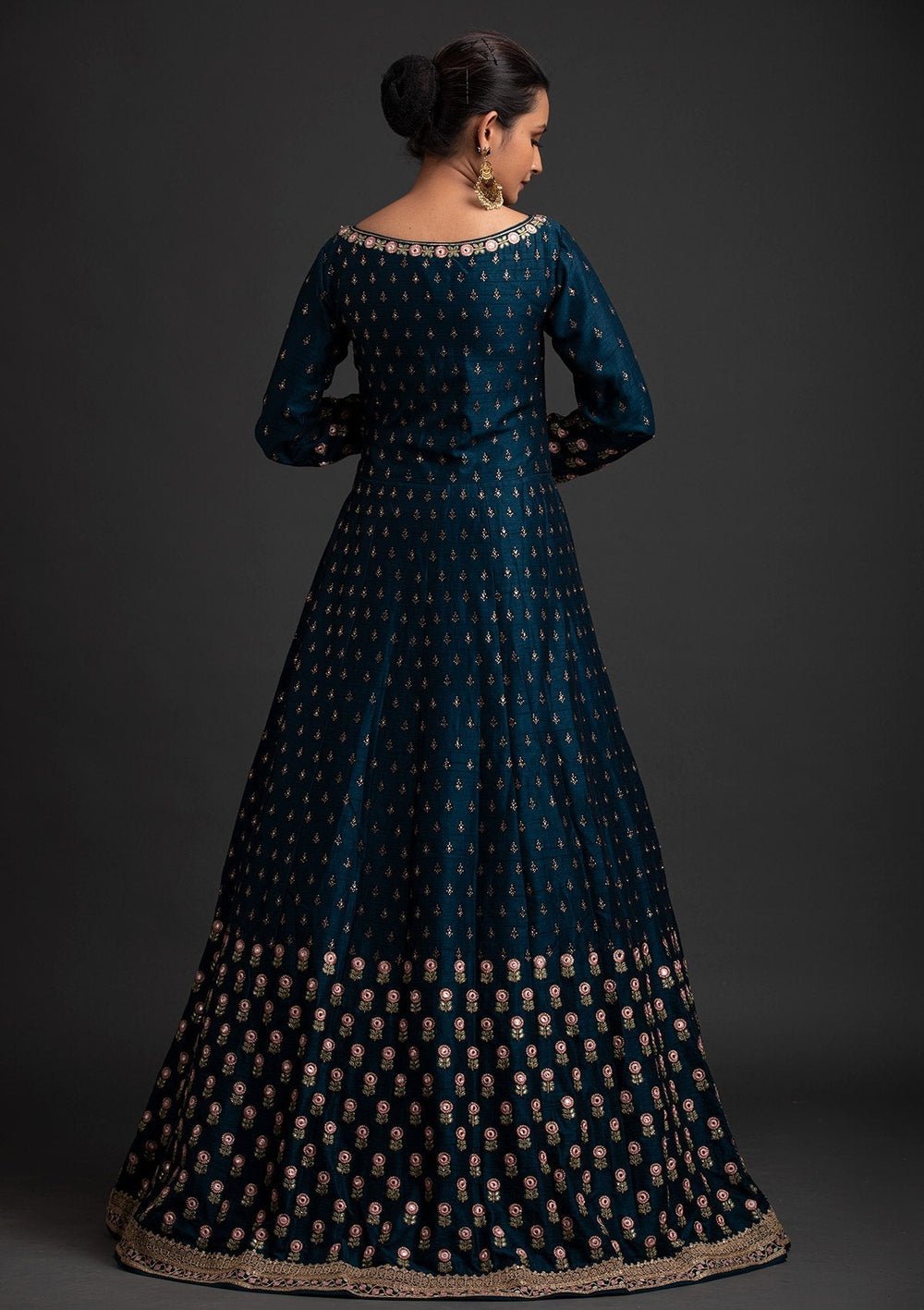 Peacock Blue Mirrorwork Raw Silk Designer Gown - koskii