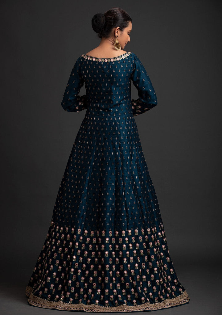 Peacock Blue Mirrorwork Raw Silk Designer Gown - koskii