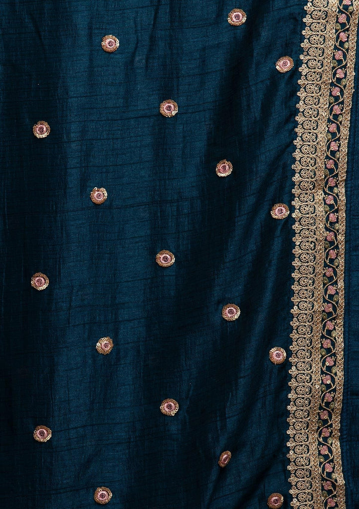 Peacock Blue Mirrorwork Raw Silk Designer Gown - koskii