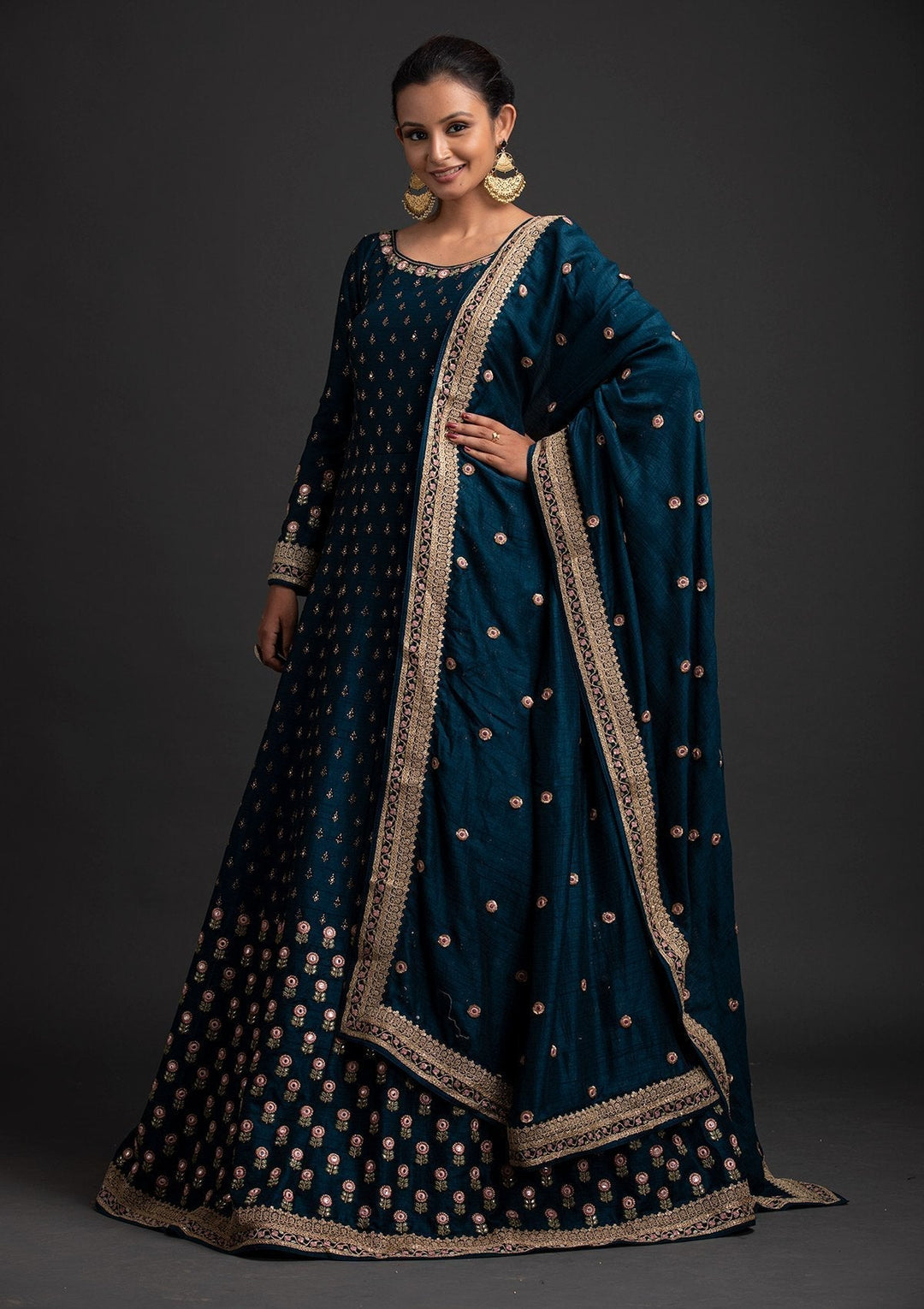 Peacock Blue Mirrorwork Raw Silk Designer Gown - koskii