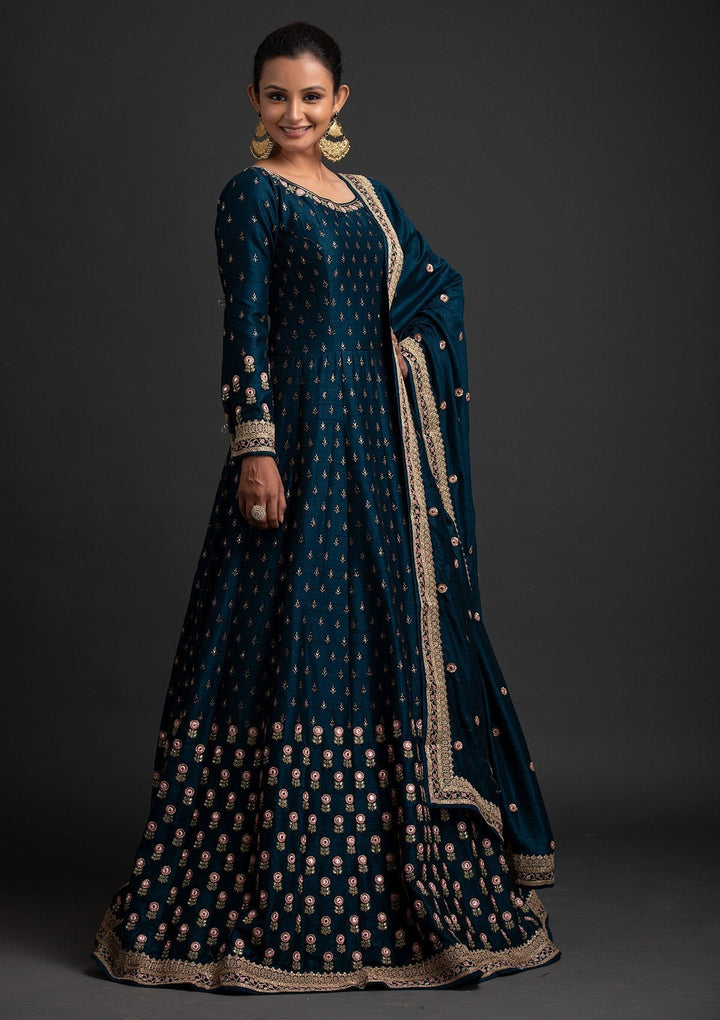 Peacock Blue Mirrorwork Raw Silk Designer Gown - koskii