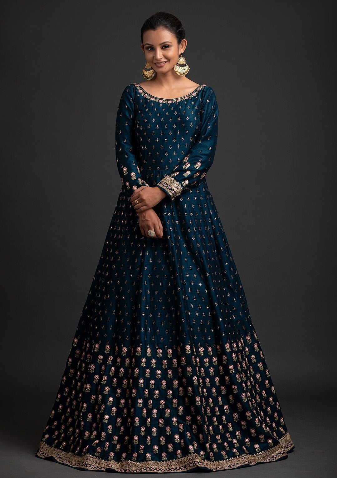 Peacock Blue Mirrorwork Raw Silk Designer Gown - koskii