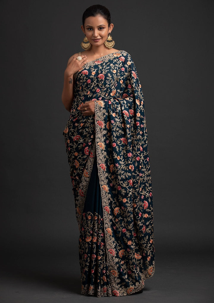 Peacock Blue Silver Stonework Semi Crepe Designer Saree - koskii