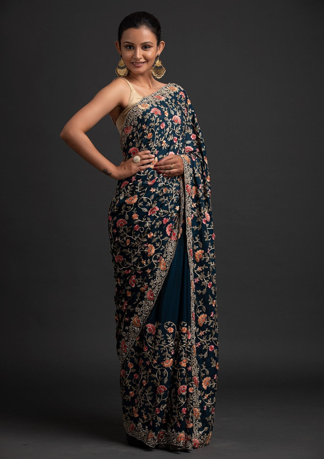 Peacock Blue Silver Stonework Semi Crepe Designer Saree - koskii