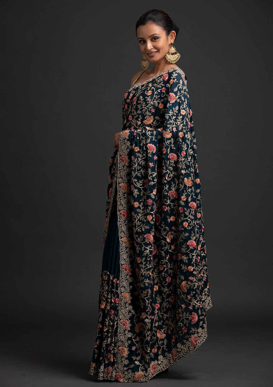 Peacock Blue Silver Stonework Semi Crepe Designer Saree - koskii