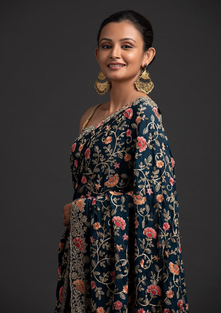 Peacock Blue Silver Stonework Semi Crepe Designer Saree - koskii