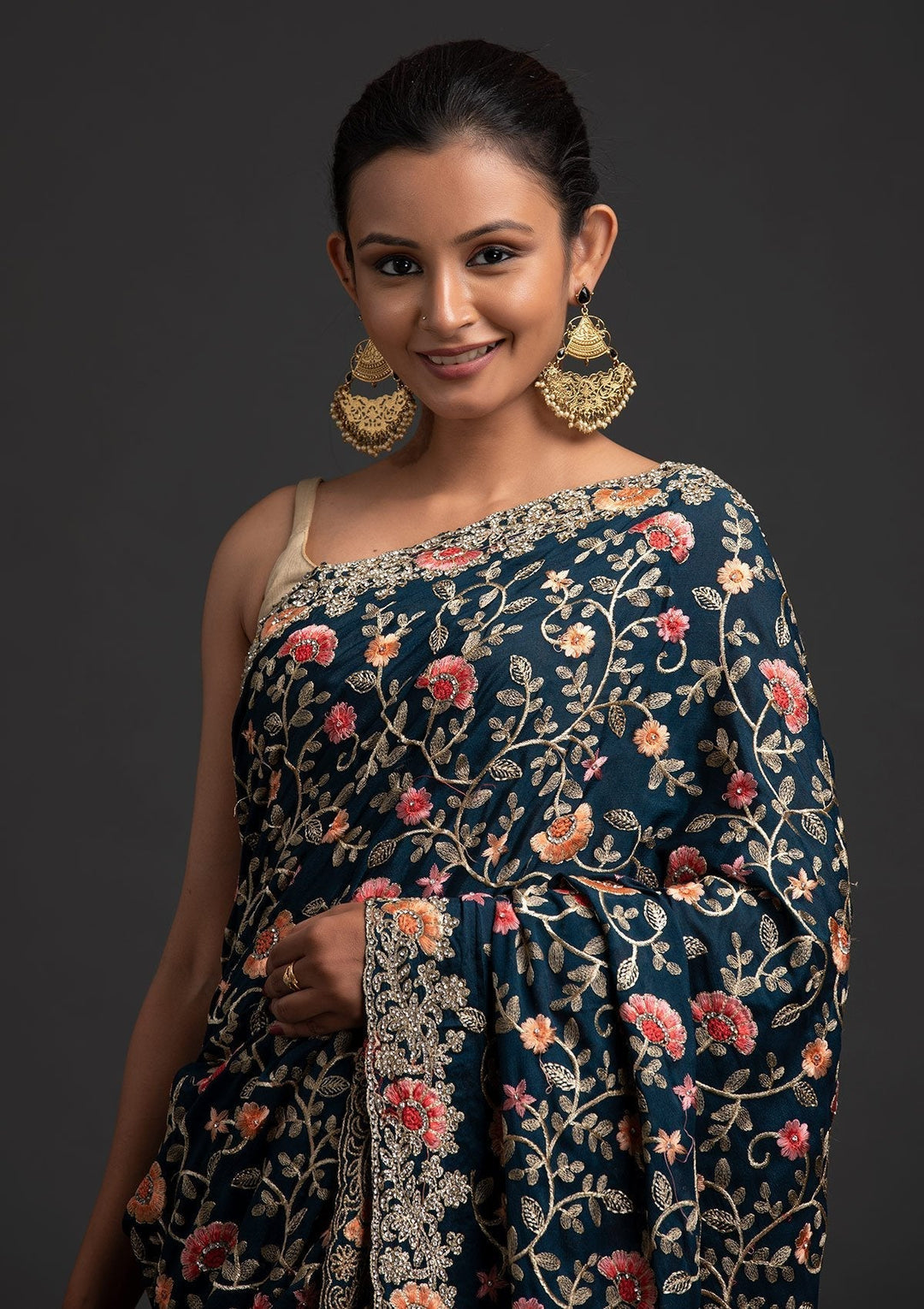 Peacock Blue Silver Stonework Semi Crepe Designer Saree - koskii