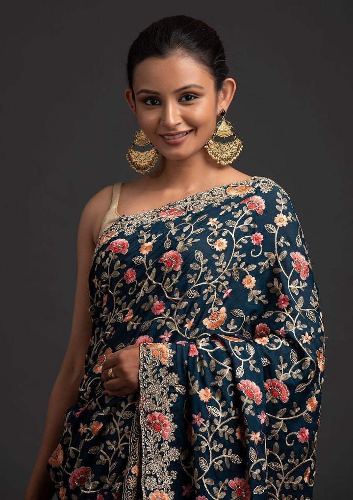 Peacock Blue Silver Stonework Semi Crepe Designer Saree - koskii