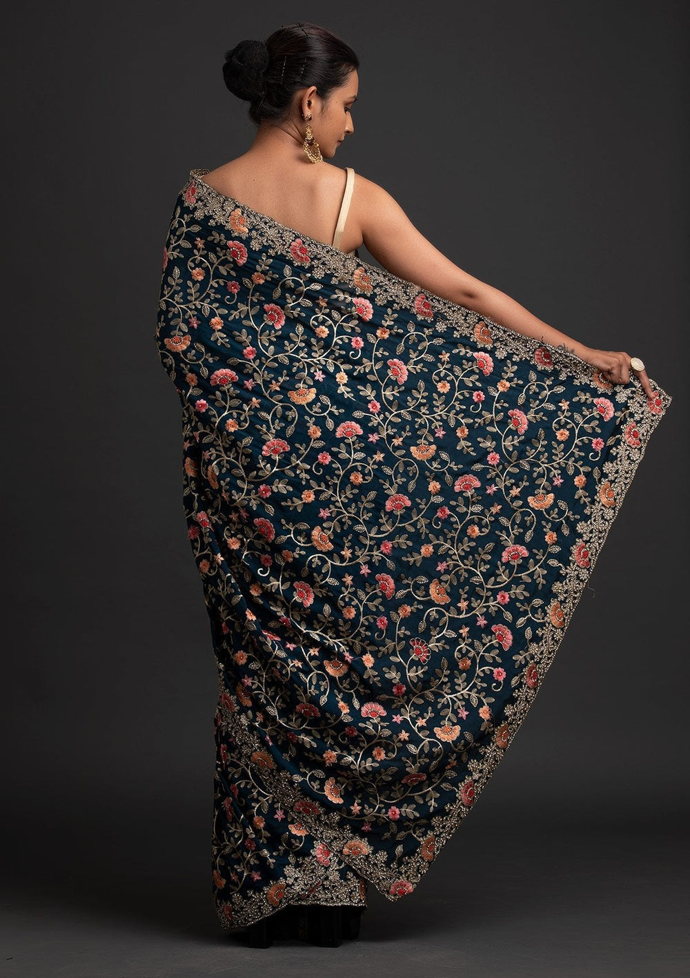 Peacock Blue Silver Stonework Semi Crepe Designer Saree - koskii