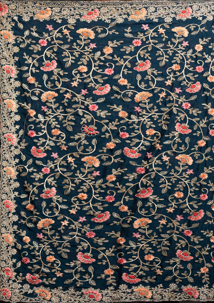 Peacock Blue Silver Stonework Semi Crepe Designer Saree - koskii