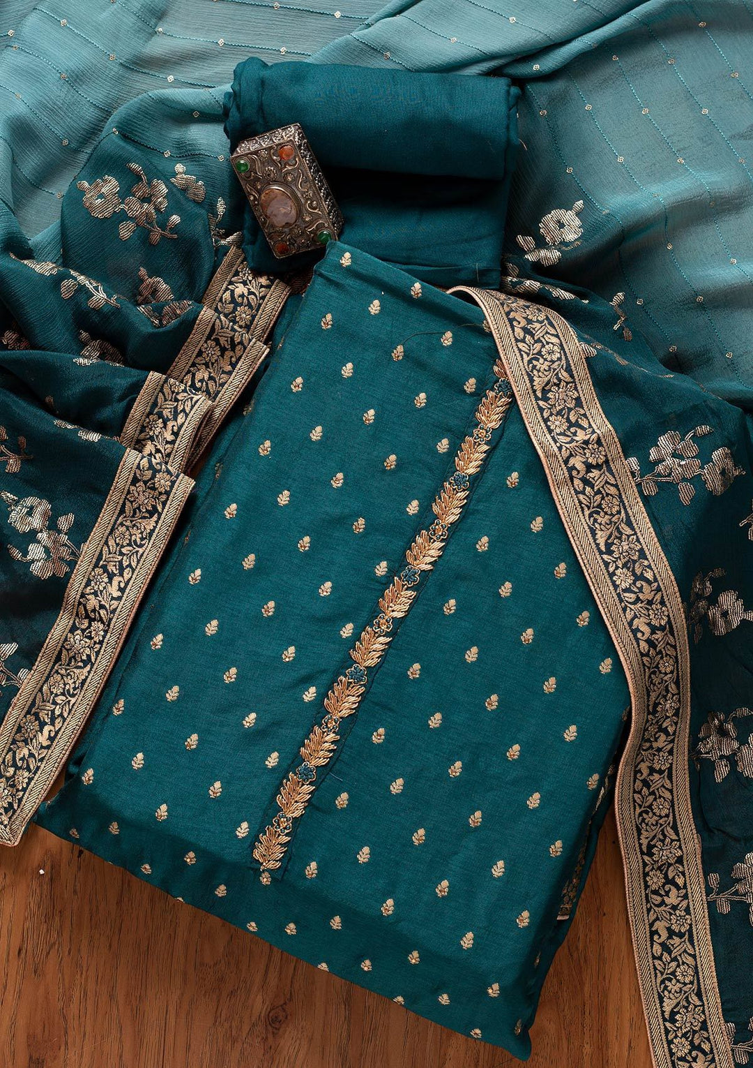 Peacock Green Zariwork Semi Crepe Designer Unstitched Salwar Suit - koskii
