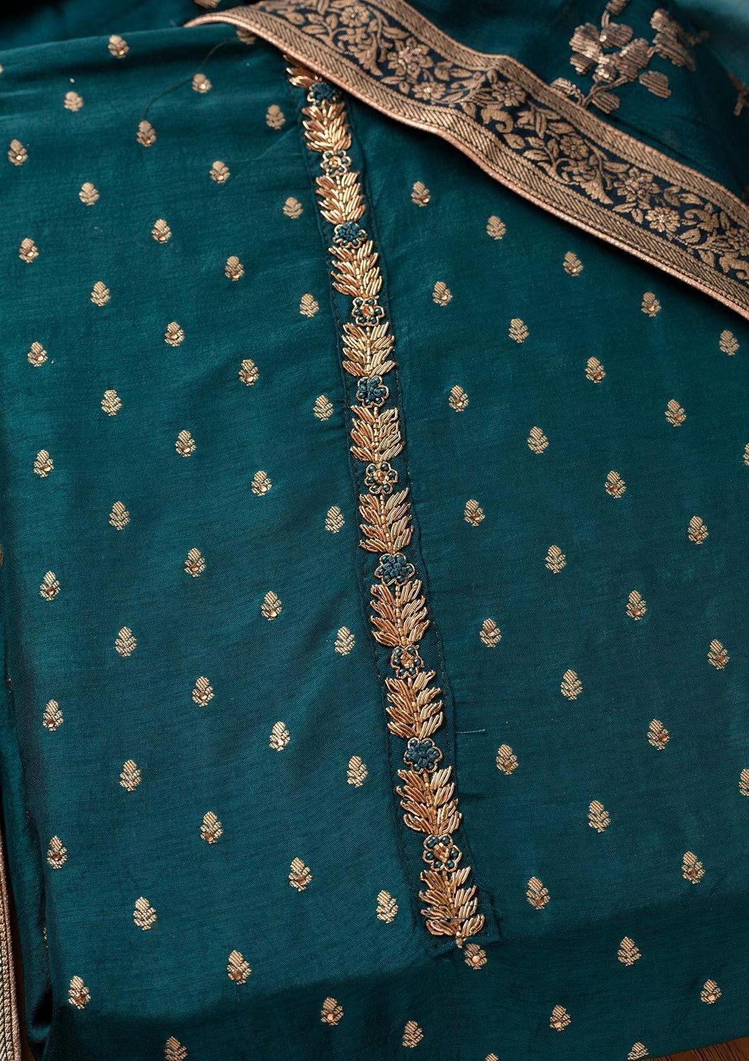 Peacock Green Zariwork Semi Crepe Designer Unstitched Salwar Suit - koskii