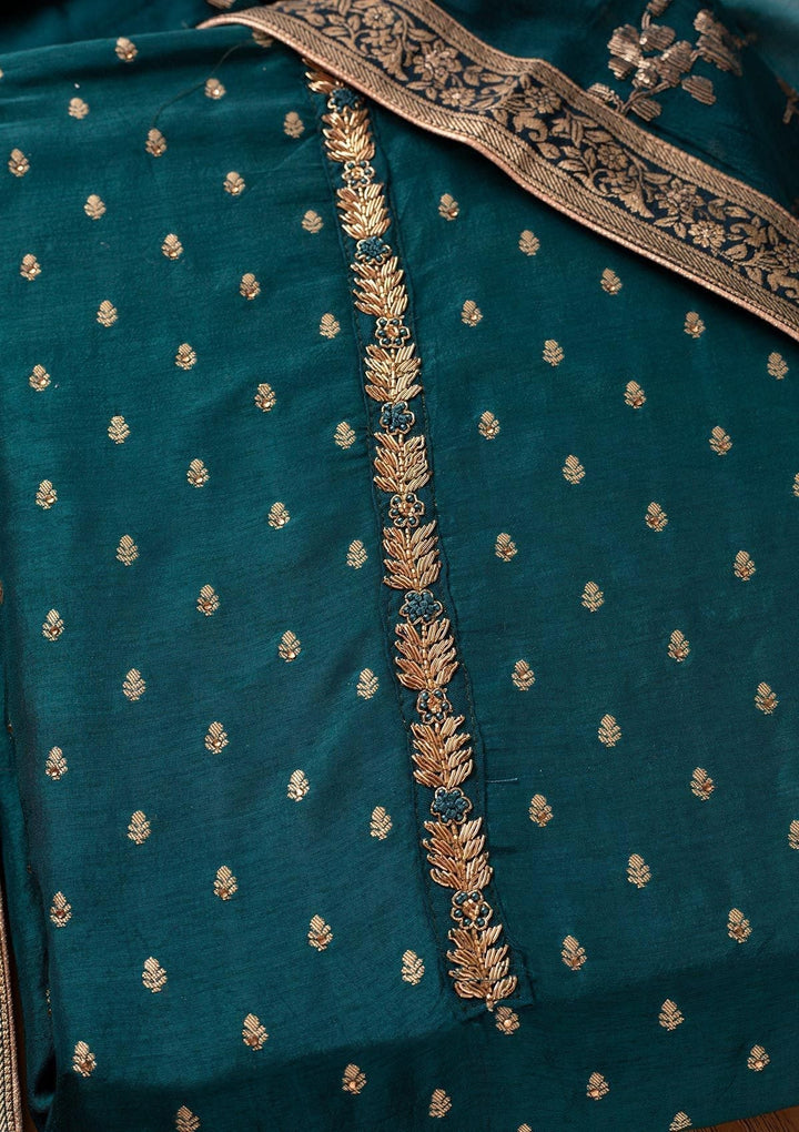 Peacock Green Zariwork Semi Crepe Designer Unstitched Salwar Suit - koskii