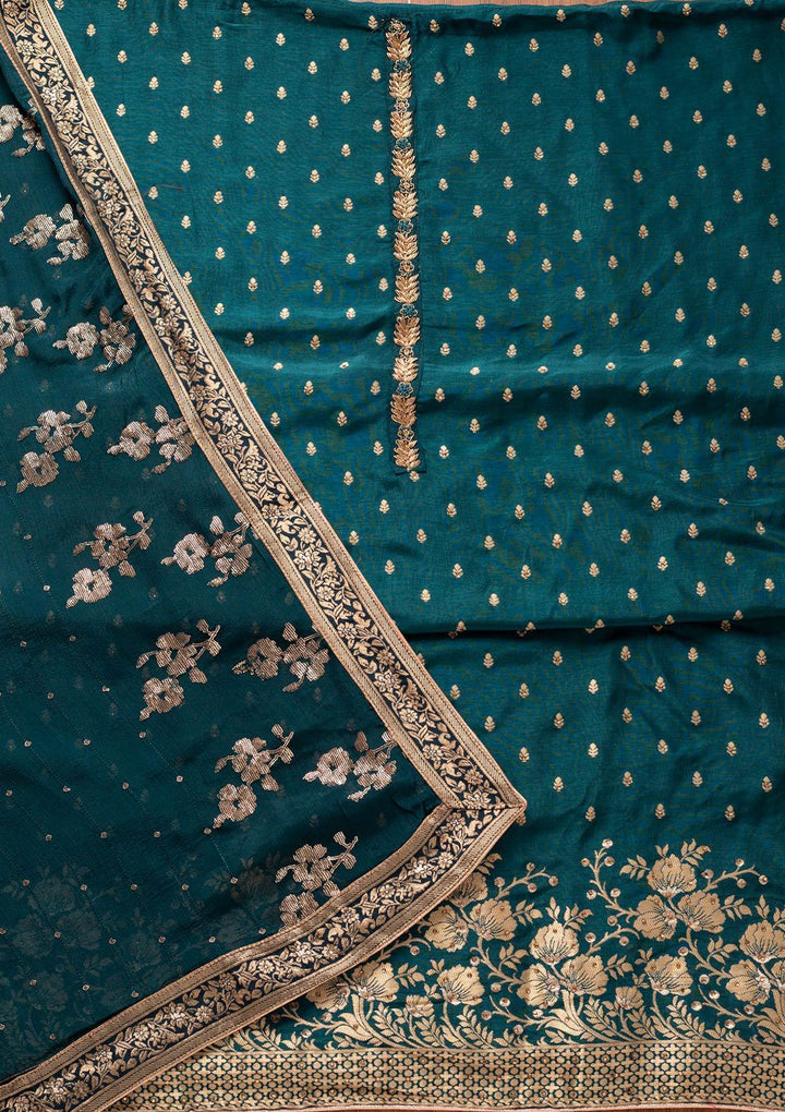Peacock Green Zariwork Semi Crepe Designer Unstitched Salwar Suit - koskii