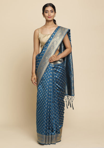 Peacock Blue Swarovski  Brocade Designer Saree - koskii