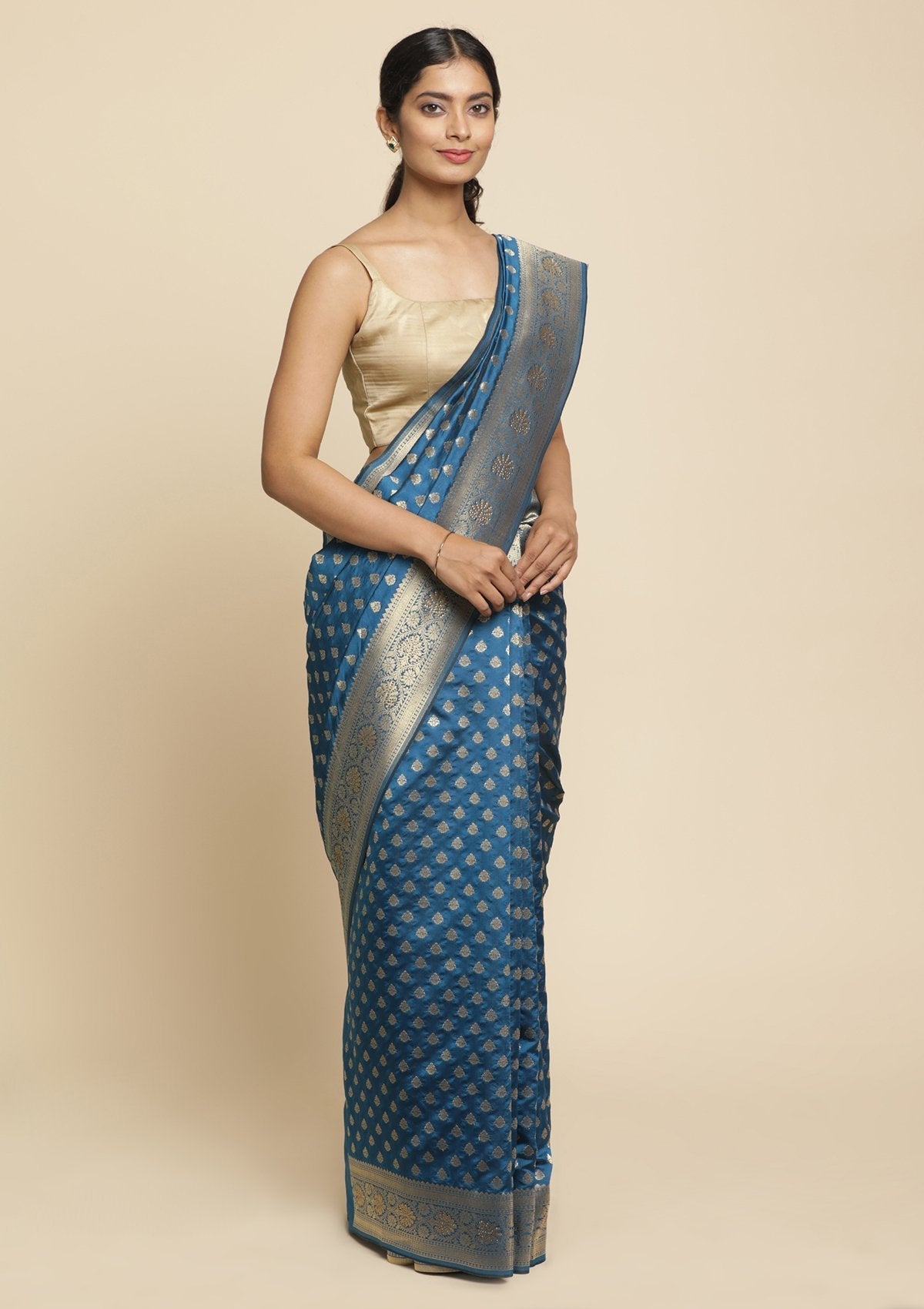 Peacock Blue Swarovski  Brocade Designer Saree - koskii