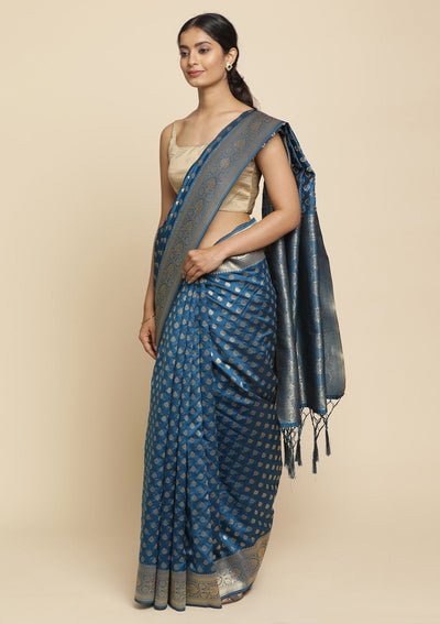 Peacock Blue Swarovski  Brocade Designer Saree - koskii