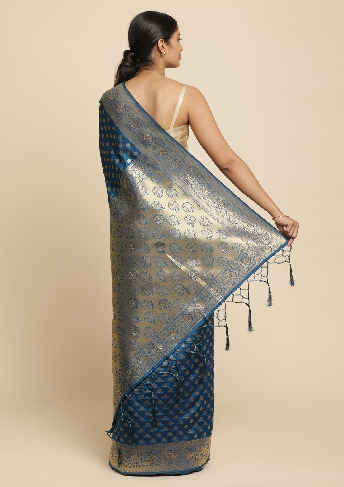 Peacock Blue Swarovski  Brocade Designer Saree - koskii