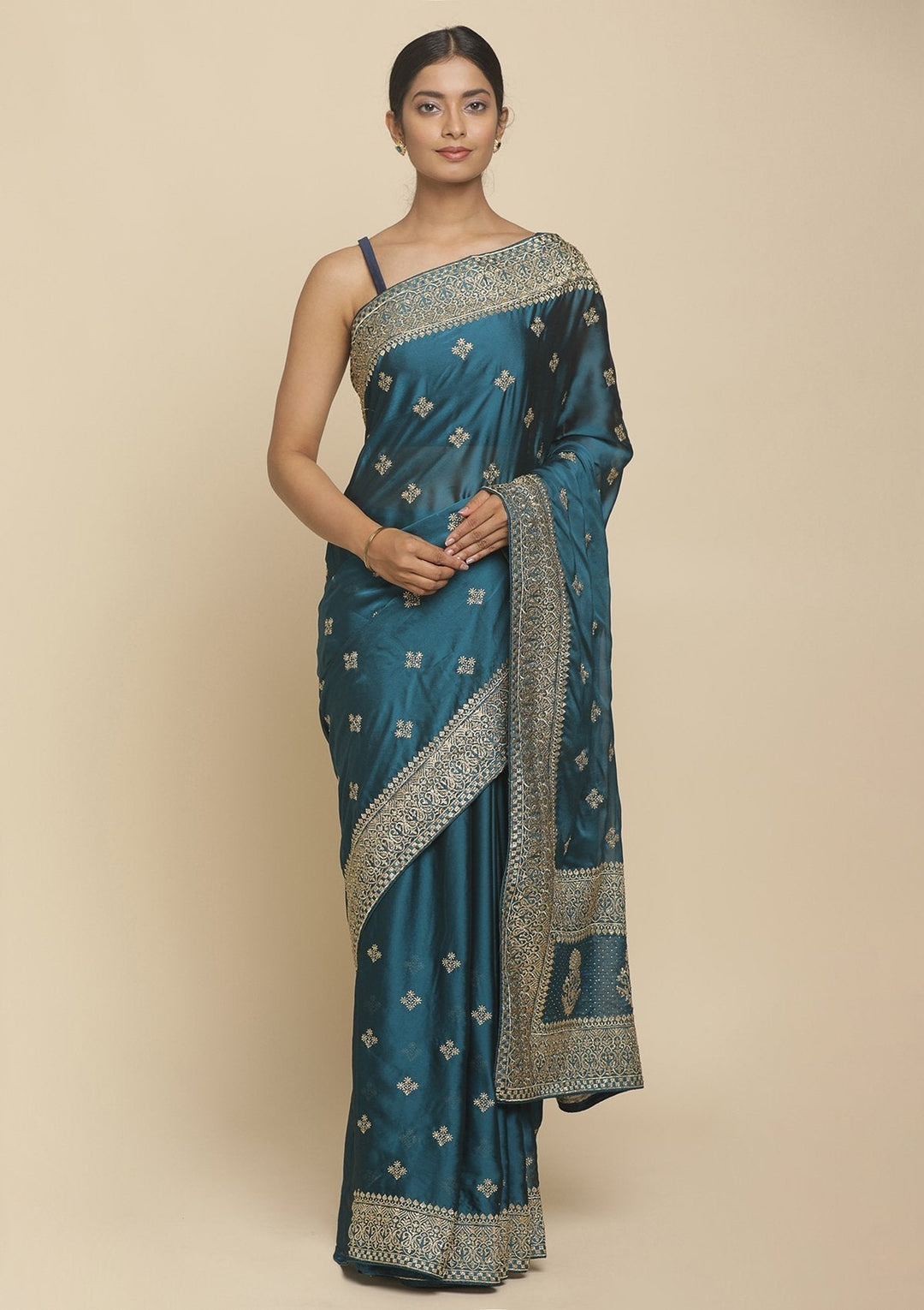 Peacock Blue Zariwork  Art Silk Designer Saree - koskii