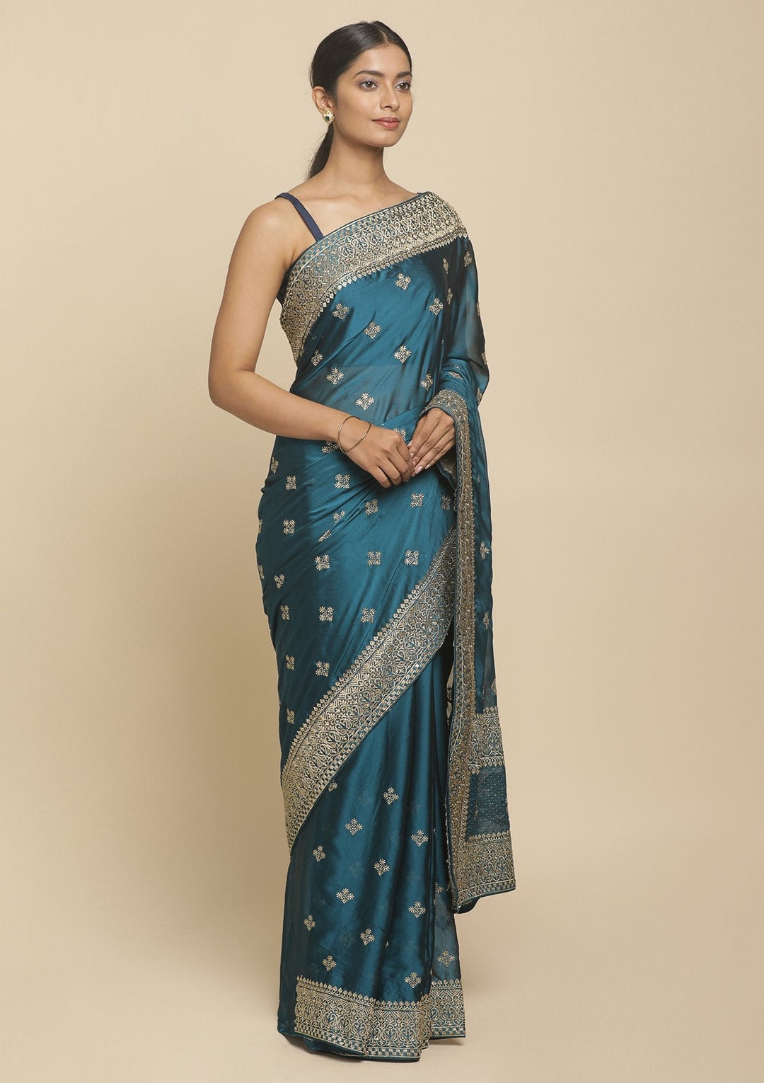 Peacock Blue Zariwork  Art Silk Designer Saree - koskii