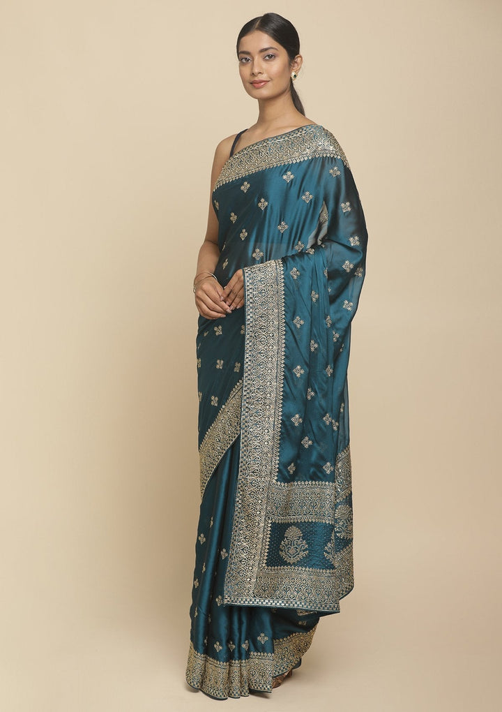Peacock Blue Zariwork  Art Silk Designer Saree - koskii