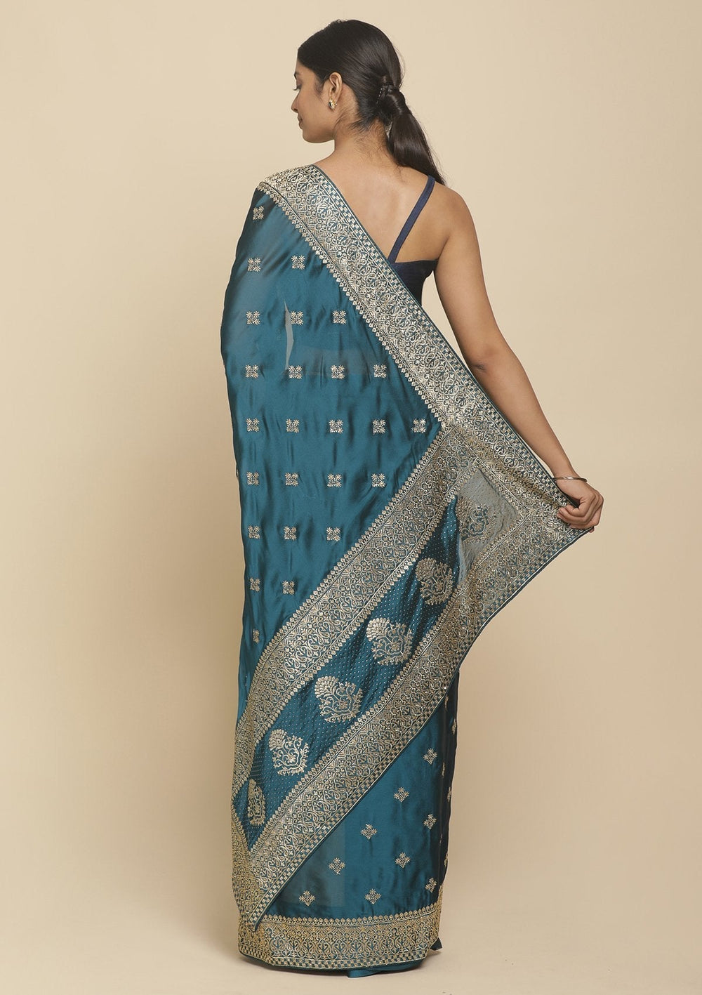 Peacock Blue Zariwork  Art Silk Designer Saree - koskii