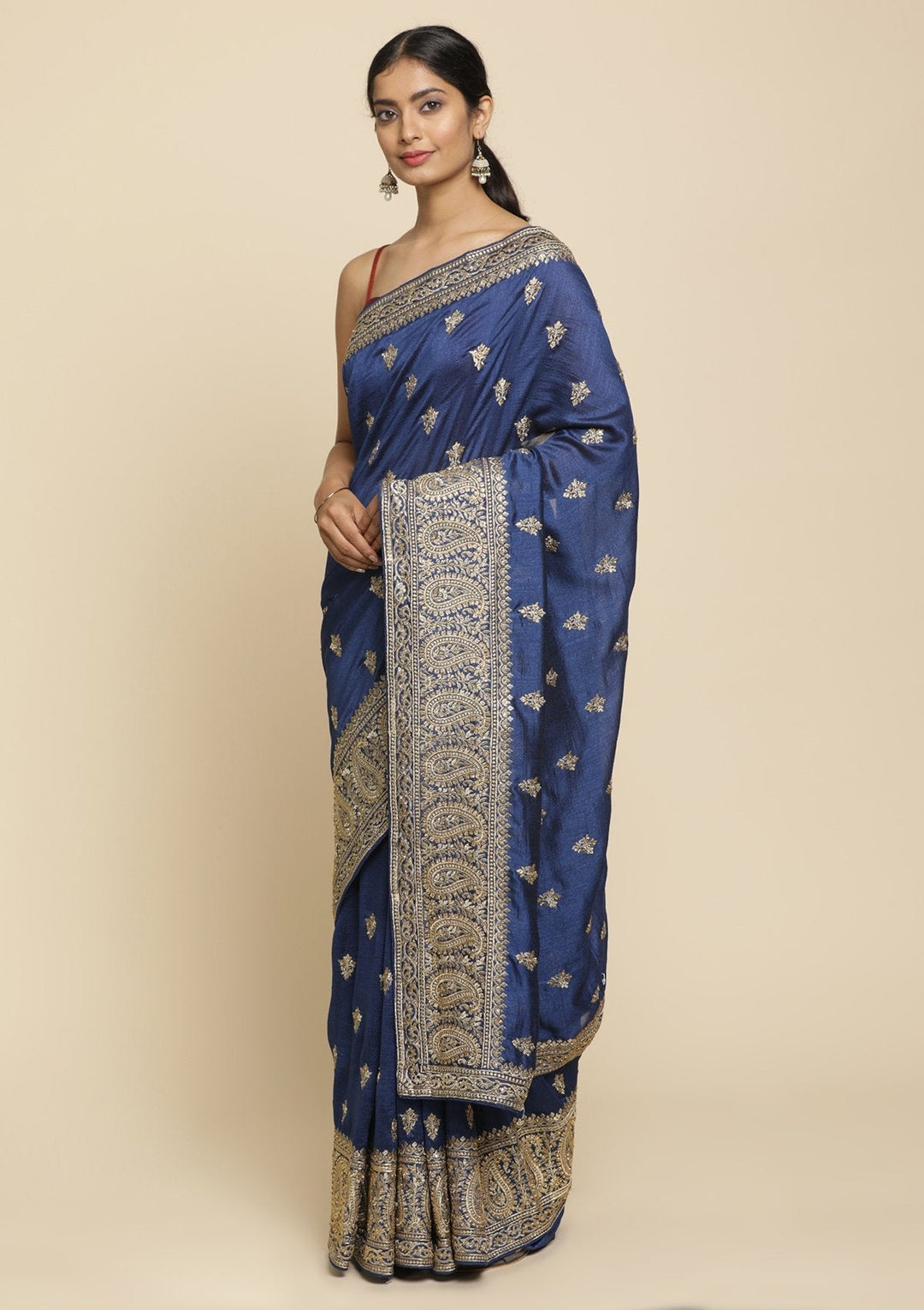 Peacock Blue Zariwork  Art Silk Designer Saree - koskii