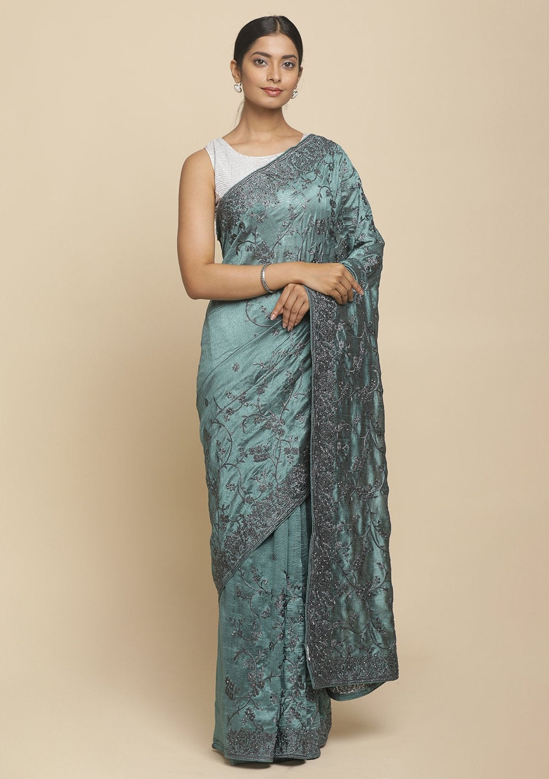 Sea Green Stonework  Art Silk Designer Saree - koskii