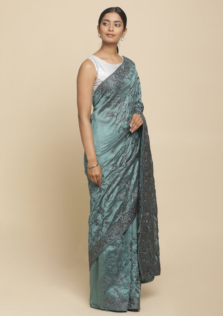 Sea Green Stonework  Art Silk Designer Saree - koskii