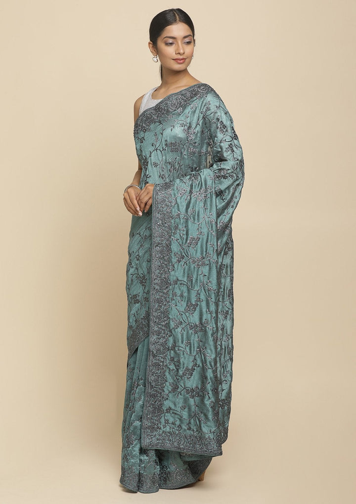 Sea Green Stonework  Art Silk Designer Saree - koskii