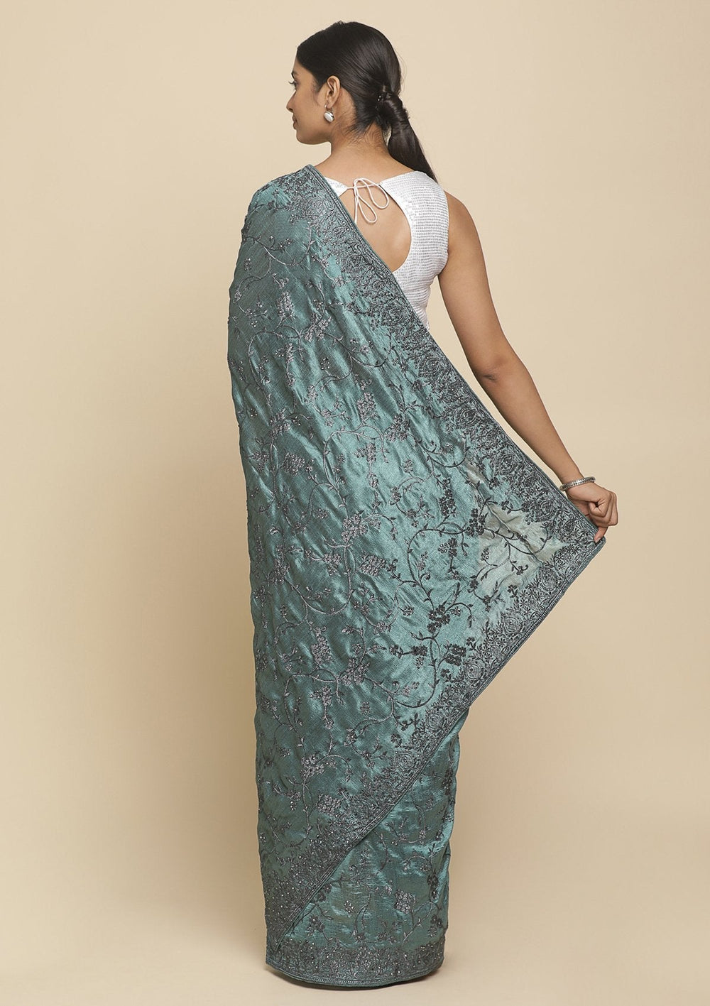 Sea Green Stonework  Art Silk Designer Saree - koskii
