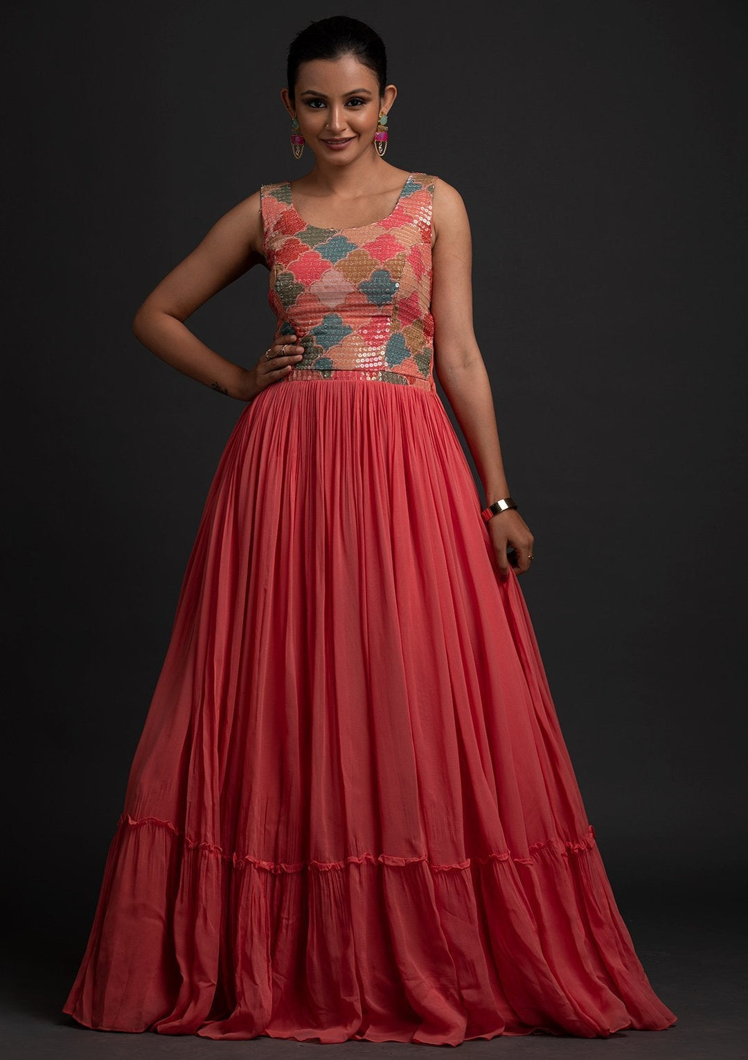 Pink Sequins Georgette Designer Gown - koskii