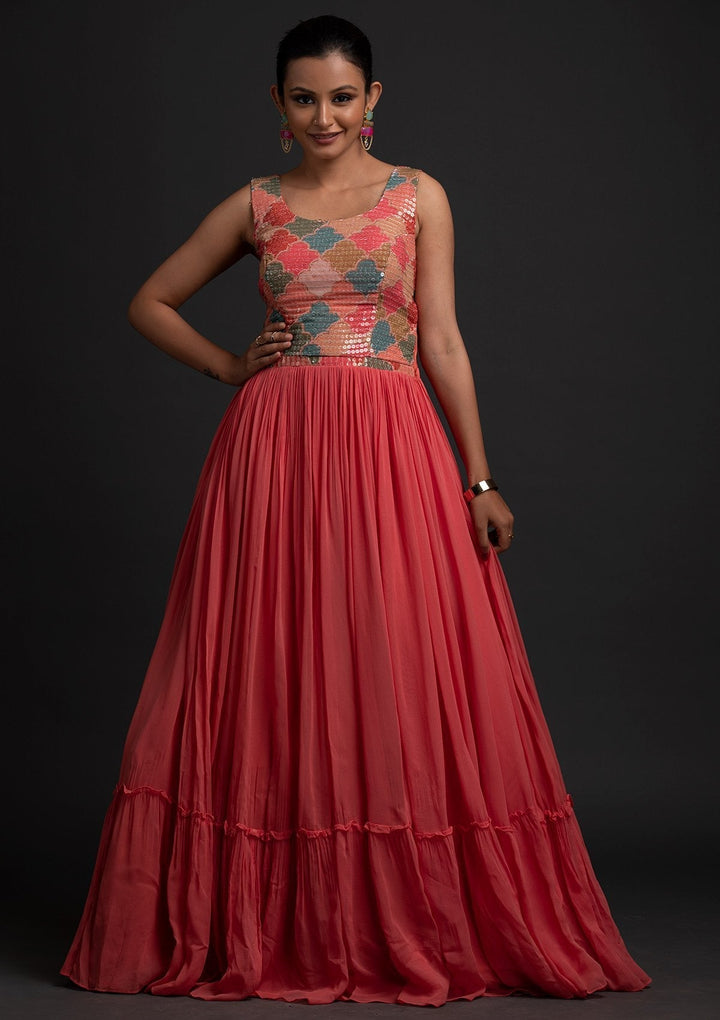 Pink Sequins Georgette Designer Gown - koskii